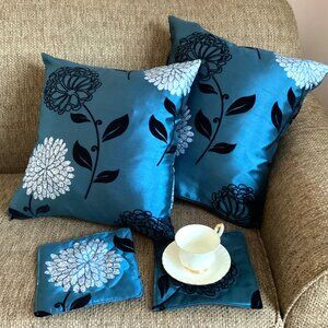 2 Handmade Blue Floral Cushion Covers + 2 Matching Mug Mats Home Decor